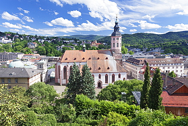 Aerial view of the old town with Stiftskirche collegiate church, Baden-Baden, Black Forest, Baden Wurttemberg, Germany, Europe