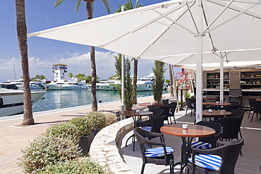 Cafe at promenade at marina, Portals Nous, Majorca, Balearic Islands, Spain, Mediterranean, Europe