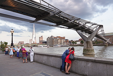 View of Millennium Bridge over River Thames at Southwark with The Shard skyscraper, architect Renzo Piano, in distance, London, England, United Kingdom, Europe