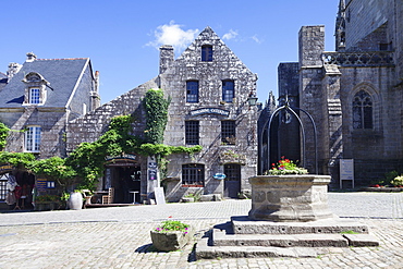 View of the town's Grand Place with historical buildings, Locronan, Finistere, Brittany, France, Europe 