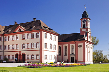 Deutschordensschloss Castle and church, Mainau Island, in spring, Lake Constance, Baden-Wurttemberg, Germany, Europe