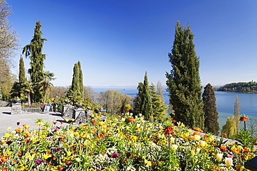 Mainau Island in spring, view over Lake Constance to the Alps, Baden-Wurttemberg, Germany, Europe