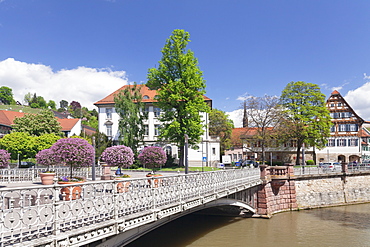 View over Wehrneckarkanal Chanel to Schwoerhaus house, Esslingen (Esslingen-am-Neckar), Baden-Wurttemberg, Germany, Europe