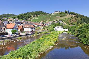 Eberstein Castle reflecting in Murg River, Obertsrot near Gernsbach, Murgtal Valley, Black Forest, Baden Wurttemberg, Germany, Europe