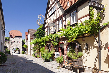 Restaurant in Maingasse street, Maintor Gate, Wine village of Sommerhausen, Mainfranken, Lower Franconia, Bavaria, Germany, Europe