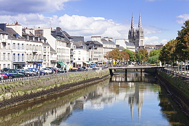 Saint Corentin Cathedral reflecting in the River Odet, Quimper, Finistere, Brittany, France, Europe 