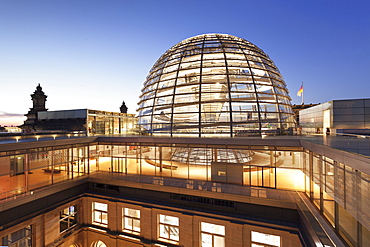 The Dome by Norman Foster, Reichstag Parliament Building at sunset, Mitte, Berlin, Germany, Europe