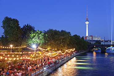 Urban beach Strandbar Mitte near Bode Museum, TV Tower, Spree River, Mitte, Berlin, Germany, Europe