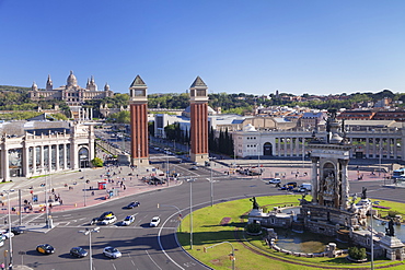 View over Placa d'Espanya (Placa de Espana) to Palau Nacional (Museu Nacional d'Art de Catalunya), Barcelona, Catalonia, Spain, Europe