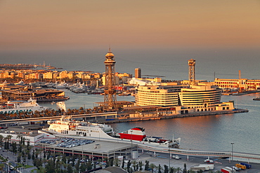 View from Montjuic to Port Vell with World Trade Center at Port Vell and Torre de Sant Jaume I , Barcelona, Catalonia, Spain, Europe