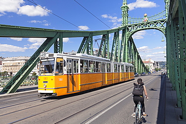 Tram on Liberty Bridge, Budapest, Hungary, Europe