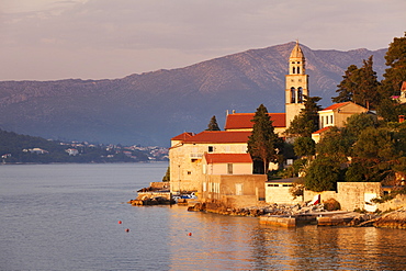 Church in evening light, near Korcula Town, Korcula Island, Dalmatia, Croatia, Europe 