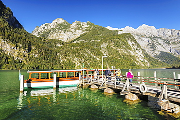 Landing stage at Saletalm Alp on Lake Koenigssee, Watzmann Mountain, Berchtesgadener Land, Berchtesgaden National Park, Upper Bavaria, Bavaria, Germany, Europe