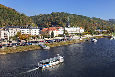 View over Elbe River to Bad Schandau, Elbsandstein Mountains, Saxony Switzerland National Park, Saxony, Germany, Europe