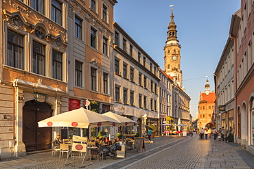 Bruederstrasse with Tower of the Old Town hall, Goerlitz, Saxony, Germany, Europe