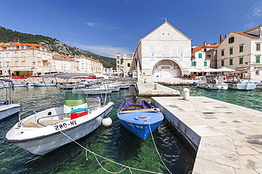 View from port to Sveti Stjepan Cathedral and Arsenal, Hvar, Hvar Island, Dalmatia, Croatia, Europe