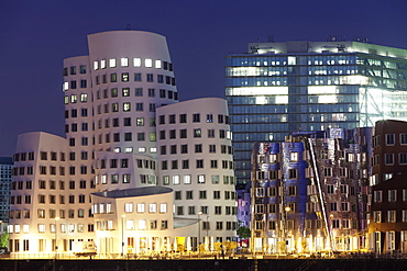 Neuer Zollhof, designed by Frank Gehry, Medai Harbour (Medienhafen), Dusseldorf, North Rhine Westphalia, Germany, Europe 