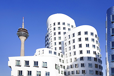 Neuer Zollhof, designed by Frank Gehry, and Rheinturm tower, Media Harbour (Medienhafen), Dusseldorf, North Rhine Westphalia, Germany, Europe 