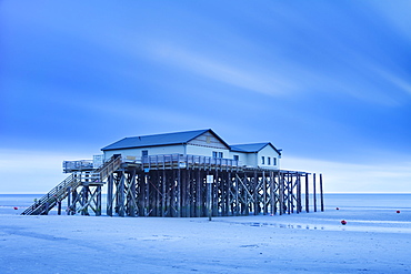 Stilt house on a beach, Sankt Peter Ording, Eiderstedt Peninsula, Schleswig Holstein, Germany, Europe 