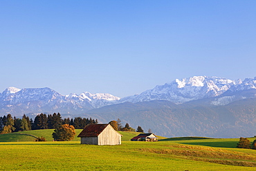 Hut and snow-capped Alps, Allgau, near Fussen, Bavaria, Germany, Europe 