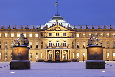 Neues Schloss castle at Schlossplatz square in winter, Stuttgart, Baden Wurttemberg, Germany, Europe