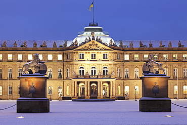 Neues Schloss castle at Schlossplatz square in winter, Stuttgart, Baden Wurttemberg, Germany, Europe 