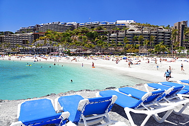 Sun loungers at a beach, Arguineguin, Anfi del Mar, Playa de la Verga, Gran Canaria, Canary Islands, Spain, Atlantic, Europe