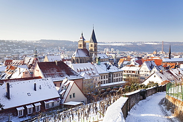 High angle view of the old town of Esslingen in winter, Baden Wurttemberg, Germany, Europe 