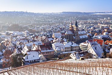 High angle view of the old town of Esslingen in winter, Baden Wurttemberg, Germany, Europe 