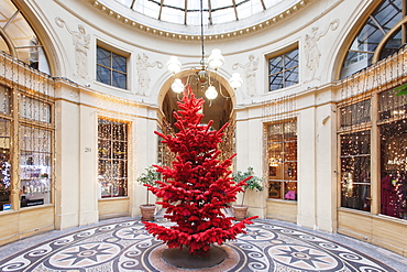 Red Christmas tree at Galerie Vivienne, Paris, Ile de France, France, Europe