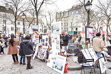 Paintings for sale in the Place du Tertre, Montmartre, Paris, Ile de France, France, Europe