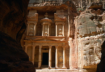 The magnificent Treasury Building viewed from the Siq at Petra, Jordan