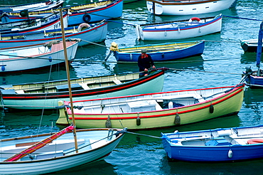 Man at work on colourful fishing boats in the harbour at Coverack in Cornwall, England