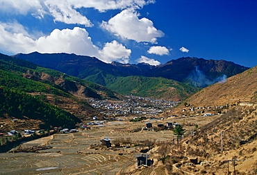 The town of Thimpu, the capital of Bhutan nestling among the mountains.