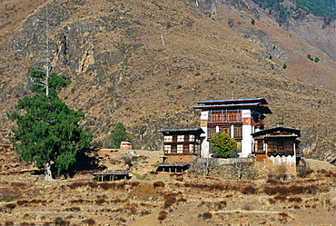 Traditional chalet style housing in Bhutan.