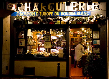 Charcuterie meat shop window in Rue Dauphine, Left Bank, Paris, France