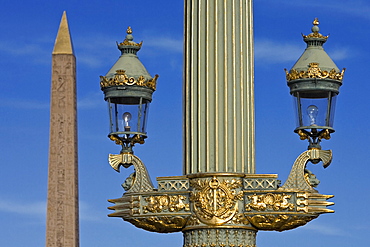 Streetlight and Obelisk of Luxor in Place de la Concorde, Paris, France