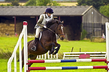 Young woman rides a bay horse in an eventing competition, Gloucestershire, United Kingdom