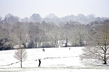 Man exercises in snow-covered Hampstead Heath, North London, England, United Kingdom