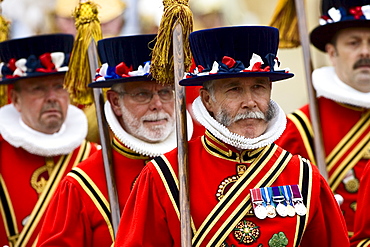 Yeomen of the Guard in traditional livery uniform, England UK