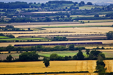 Train travels through Cotswolds countryside, Oxfordshire, United Kingdom