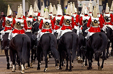 The Household Cavalry, the Life Guards (Lifeguards) mounted cavalry parading in London