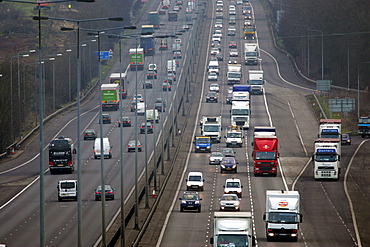 Northbound and southbound traffic on M1 Motorway near Hertfordshire, United Kingdom.