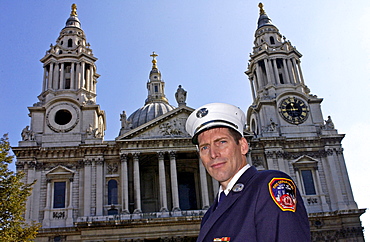 A fireman from the City of New York Fire Department attending a special Service of Remembrance and Commemoration at St Paul's Cathedral today which was held in honour of those who died in the terrorist attacks that struck New York, Washington and Pennsylvania on September 11th 2001.