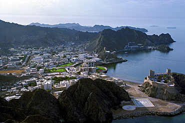 Aerial view showing the Sultan's Palace in the centre of Muscat water-front, Oman