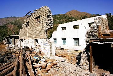 Buildings demolished in earthquake area of Azad Jammu Kashmir, in village of Pattika, Pakistan