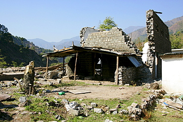 Buildings demolished in earthquake area of Azad Jammu Kashmir, in village of Pattika, Pakistan