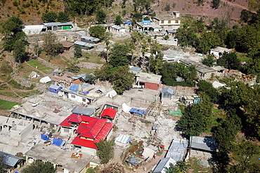 Demolished buildings seen from helicopter in earthquake area of Azad Jammu Kashmir, Pakistan