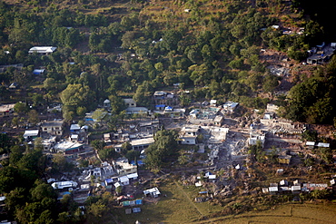 Demolished buildings seen from helicopter  in earthquake area of Azad Jammu Kashmir, Pakistan