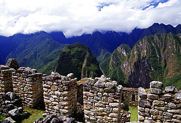 View of The Urubamba Valley from Machu Picchu ruins of Inca citadel in Peru, South America